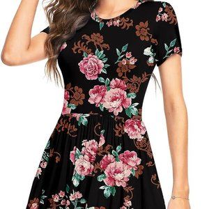 Black and Rose Short Sleeve Empire Waist Swing Dress, Size Large